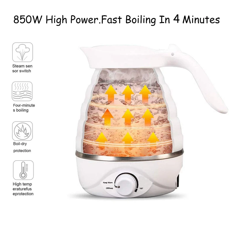 Travel Electric Foldable Kettle, 600Ml Food Grade Silicone Folding Kettle for Home Outdoor Camping Hiking Eu Plug