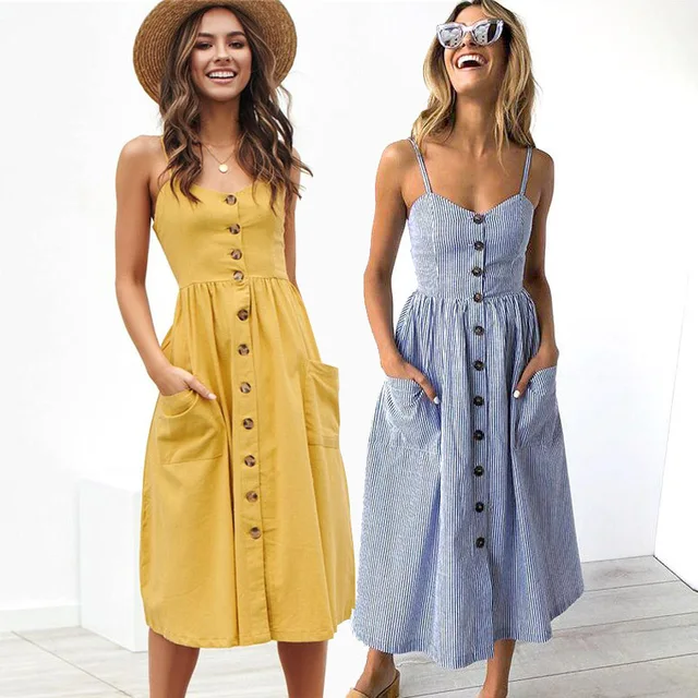 US $7.50 Sexy Party Boho Sundress Women Summer Dress 2020 Casual Backless Midi Dress Button Polka Dot Stripe
