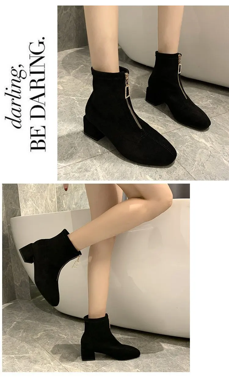 2020 Winter Women's Boots Fashion Suede Ankle Boots Woman Shoes Warm Zipper Ankle Boots Mid Heel Short Plush Boots Botas Mujer