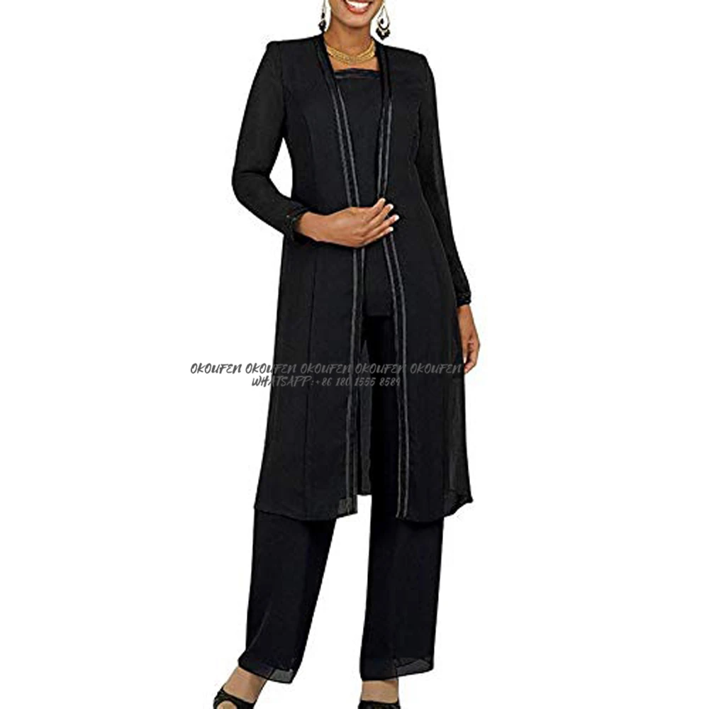 

Mother Of The Bride Dresses Black Simple Chiffon Long Jacket 3 Pieces Pantsuits Set Retro Wedding Party Guest Gowns Women Kurti