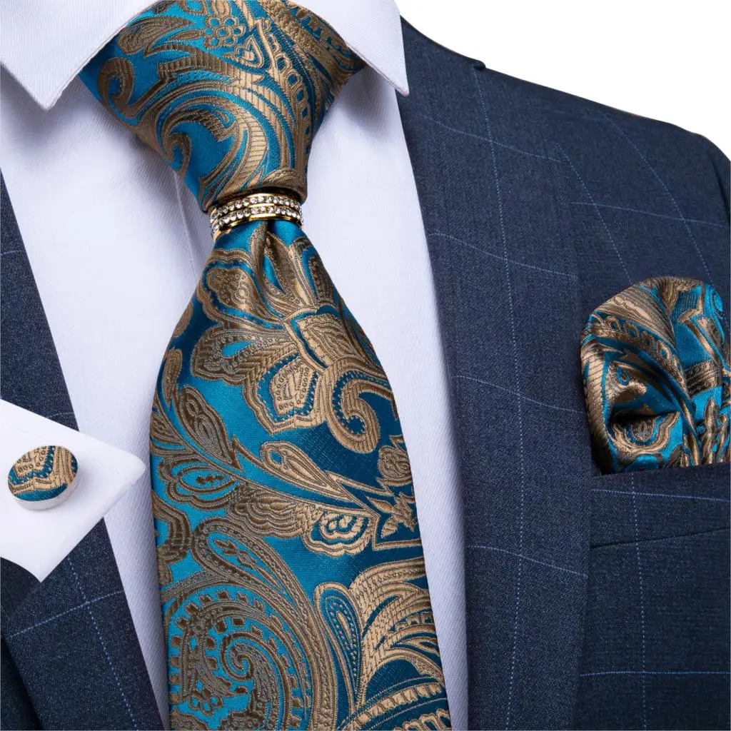 Мужской галстук золотистого и синего цвета в полоску, дизайнерский Свадебный галстук для мужчин, галстук, кольцо, шелковый галстук, набор, Hanky, запонки, DiBanGu, деловой JZ03-7029 - Цвет: JZ03-7281