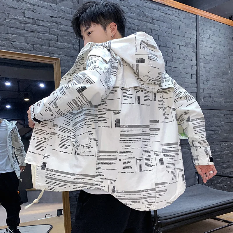 

2019 Autumn New Style Japanese-style Squeak Origional Men's Large Size Newspaper Printed Medium-length Hooded Jacket