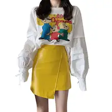 Весенние женские свободные повседневные футболки с длинным рукавом-фонариком и мультяшным рисунком из 2 частей, топы и облегающие вечерние юбки из искусственной кожи с лимоном NS978