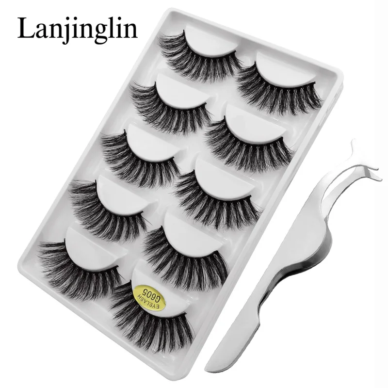 LANJINGLIN 1 комплект Пинцет для ресниц натуральный 3d норковые ресницы ручной работы Макияж Длинные Накладные ресницы для наращивания Поддельные ресницы - Цвет: G605T