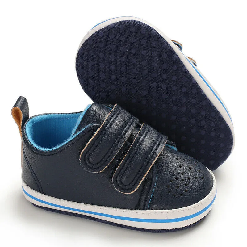 0-18M Baby Boys Booties Newborn Shoes Infant Kids PU Pram Crib Shoes Toddler First Walkers Soft Sole Prewalkers Sneakers