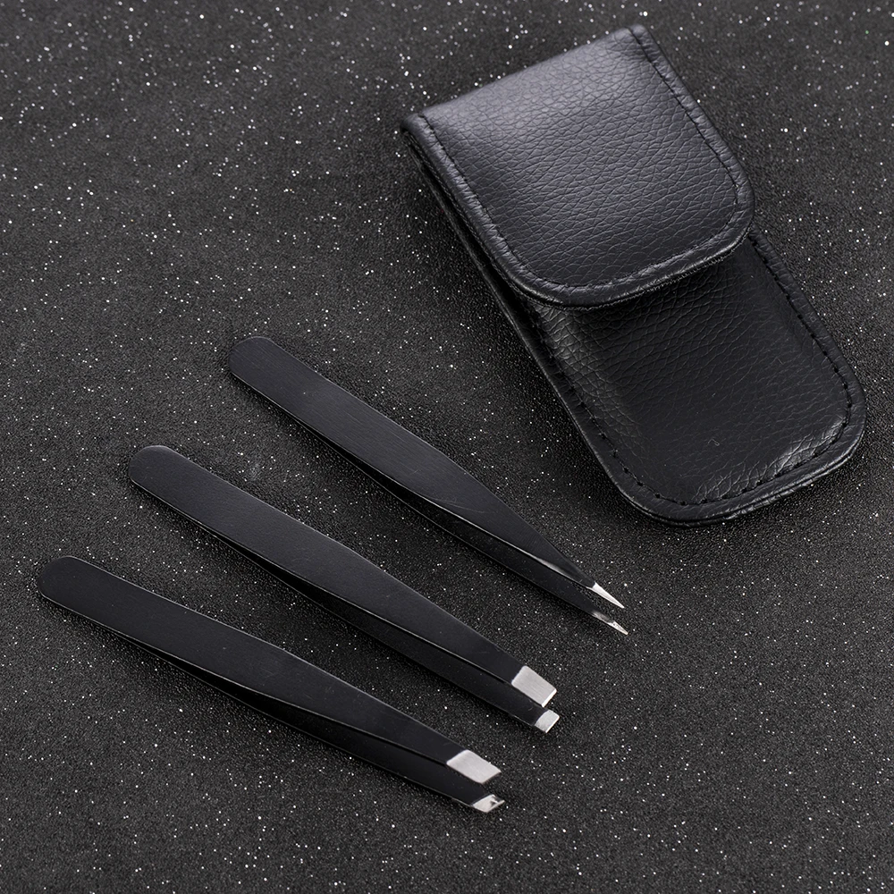 3 PCS/Set Eyebrow Tweezers Stainless Steel Point Tip/Slant Tip/Flat Tip Hair Removal Makeup Tools Accessory with Black Bag Case 4