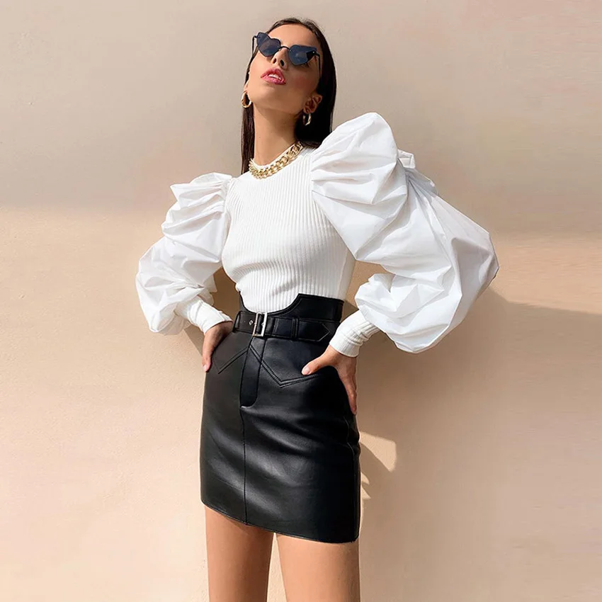 TIESOME Lantern Sleeve Top Women Solid Blouse 2020 Summer Autumn Sexy Slim Crop Top Female High Street Blouse Office Lady Top