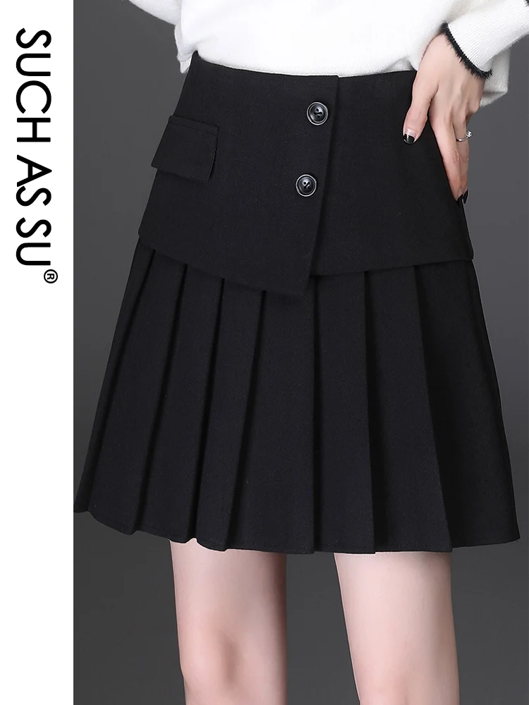

SUCH AS SU Skirt Women 2020 Autumn Winter Wool High Waist Ladies Black Button Pleated S-XXXL Plus Size Female Mini Skirt 97123