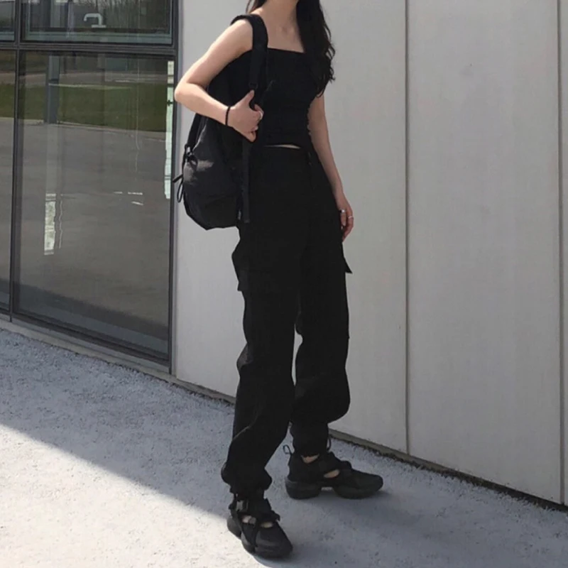 Weekeep Button Pockets Patchwork Cargo Pants Women Streetwear High Waist Trousers Women Fashion Pencil Pants Joggers Women