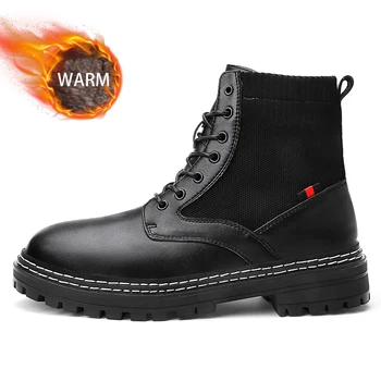 

Casual Men Boots Martens Leather Shoes Male Ankle Comfortable Cowboy Hombres Botas High Top Lace-UP Couple Black Walking