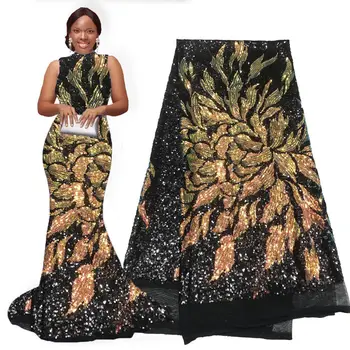 

Black gold french lace fabrics 5 yards embroidery african tulle net lace fabric high quality nigerian women wedding dresses lace