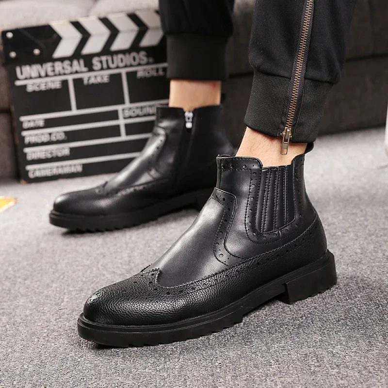 

new fashion men's boots black original leather bullock shoes carved brogue platform chelsea boot handsome ankle botas masculinas