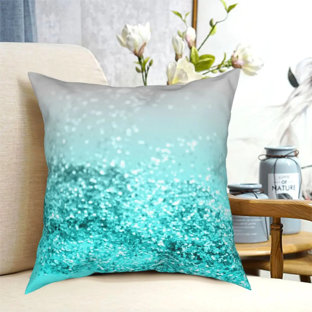 Silver Gray Aqua Teal Ocean Glitter Square Pillowcase Polyester Printed Zipper Decor Throw Pillow Case for Bed Cushion Cover | Дом и сад