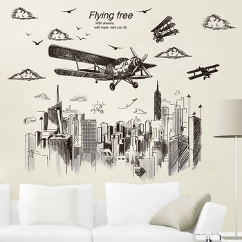 

Sketch Type Airplane Wall Stickers DIY Tall Buildings Mural Decals for Living Room Kids Bedroom Home Decoration