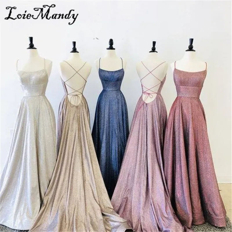 

Glitter Squined Prom Dresses Long 2021 Sexy Split Evening Party Dress For Women With Pocket Criss Cross Backless robe de soiree