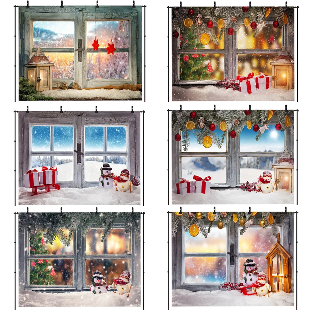 Счастливого Рождества фон для фотосъемки с изображением окна &quotСнеговик&quot
