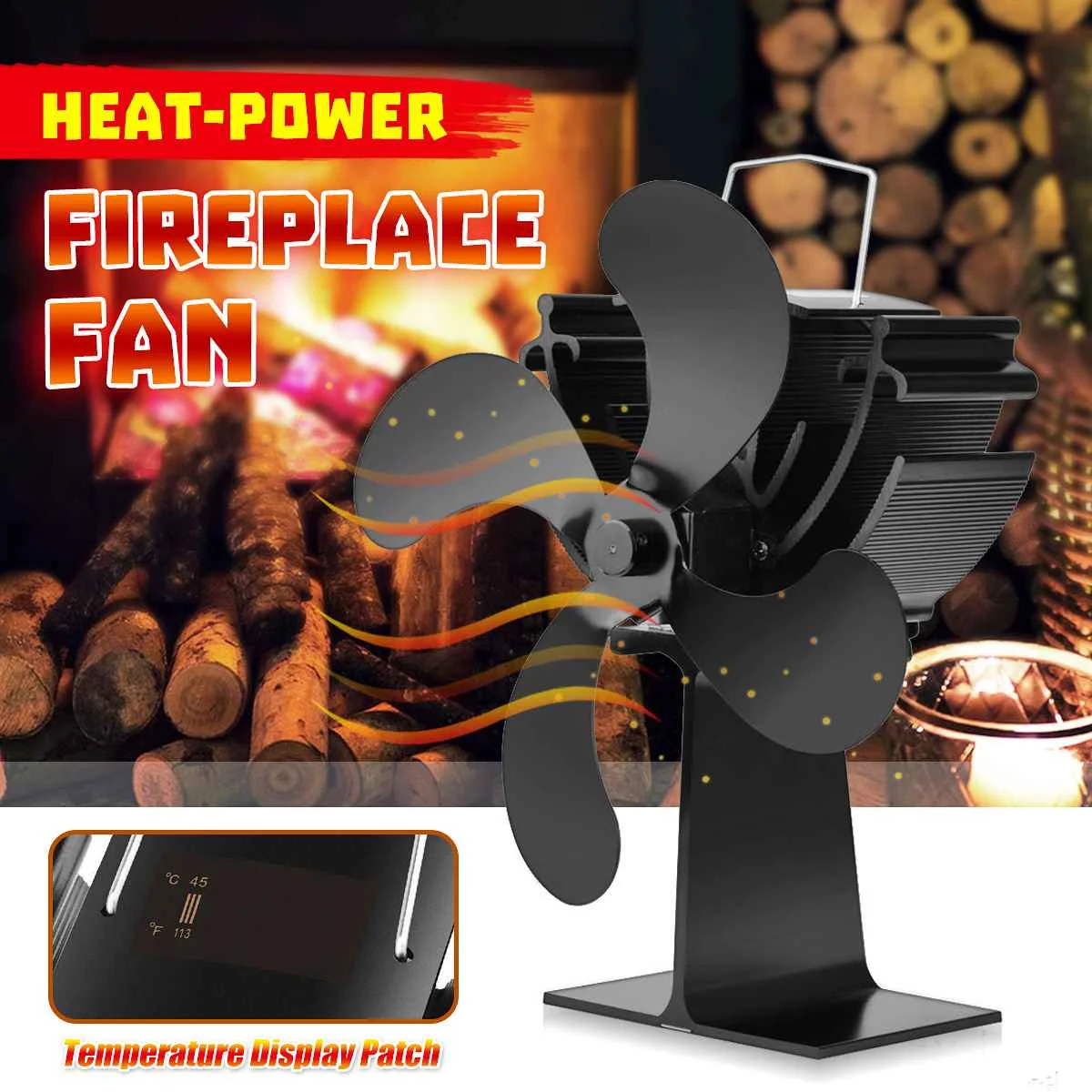 

Stove Fan 4 Blade Temperature Display Fireplace Heat Powered Wood Burner Eco Friendly Quiet Fan Home Efficient Heat Distribution