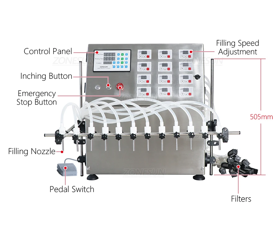 ZONESUN ZS-DPYT12P Máquina semiautomática de llenado de líquidos con bomba de diafragma de 12 boquillas