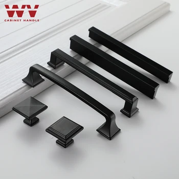 WV Square Matte Black American style Kitchen Cabinet Handle 128mm Drawer Black Cabinet Wardrobe 7 Character Solid Pulls 287