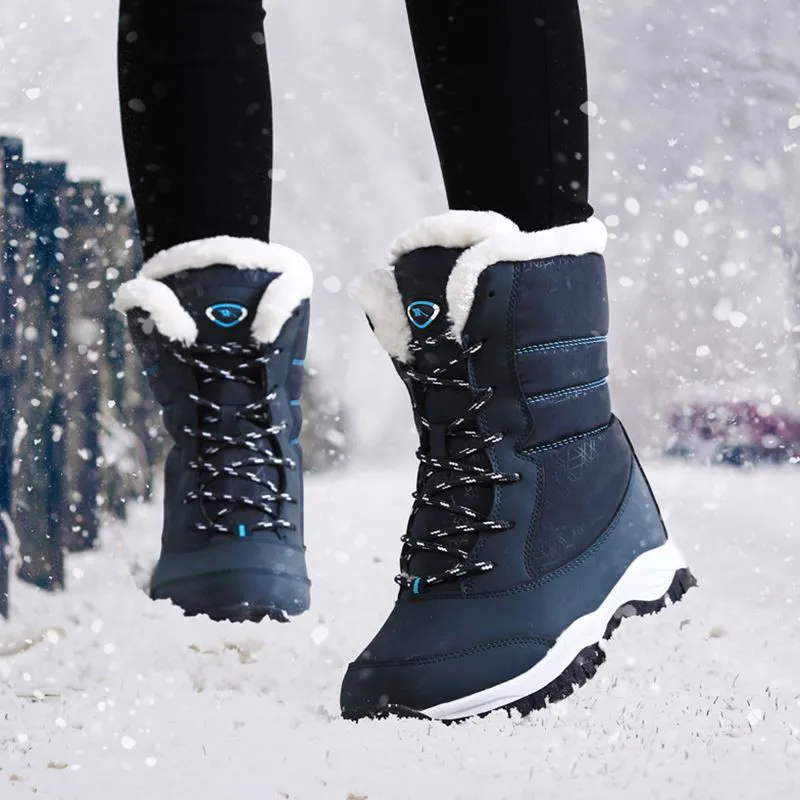 Botas antideslizantes para Mujer, Botas de nieve a la moda, impermeables, con cordones, cómodos, zapatos con grueso de piel, 2021