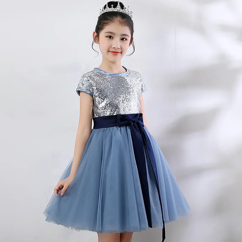New Style Princess Dress Girls Birthday Evening Gown Blue Wedding Dress Tutu Host Chorus Costume Women's