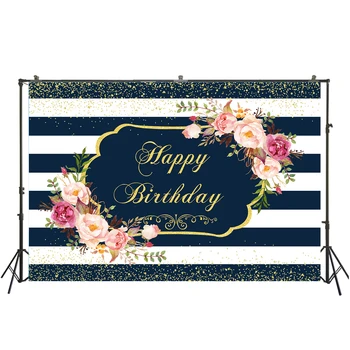 

Happy Birthday Backdrops for Photography White and Black Stripes Gold Dots Flower Photo Background Party Decoration W-3875