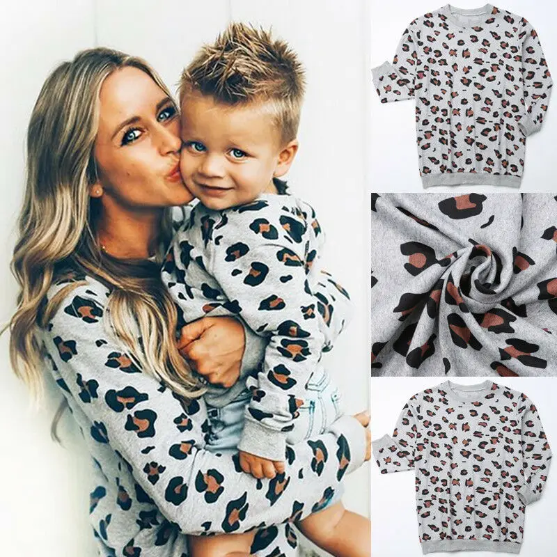 

Mother&Daughter Family Matching Women Girl Boys Fashion Autumn Sweatshirt Tops Clothes Leopard Print Pullover Tops
