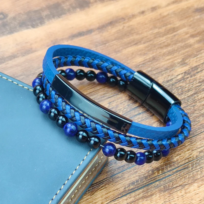Blue Stone Bracelet Genuine Blue Leather Braided Bracelet Stainless Steel Magnetic Clasp Tiger Eye Bead Bangles Men Jewelry bracelet jewelry