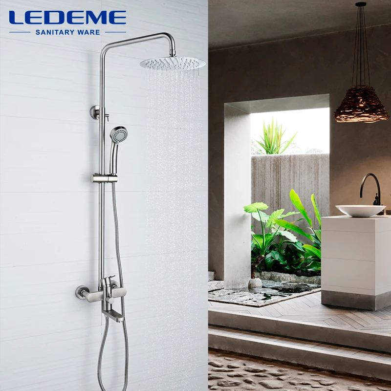 

LEDEME Bath Shower Mixer Faucet Stainless Steel Classic Faucets Rotate Tub Spout Wall Mount Rainfall With Hand Shower L72416