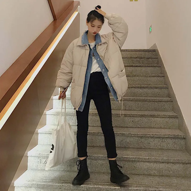 

Mock Two-Piece College Style Thick Cotton-padded Clothes Women's Loose-Fit Joint Cowboy down Coat 2019 Winter New Style Korean-s