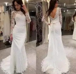 Vintage Full Lace Wedding Dress 2022 Long Sleeves V Back Charming Bridal Gowns O Neck Little Train Country Church Marriage Party