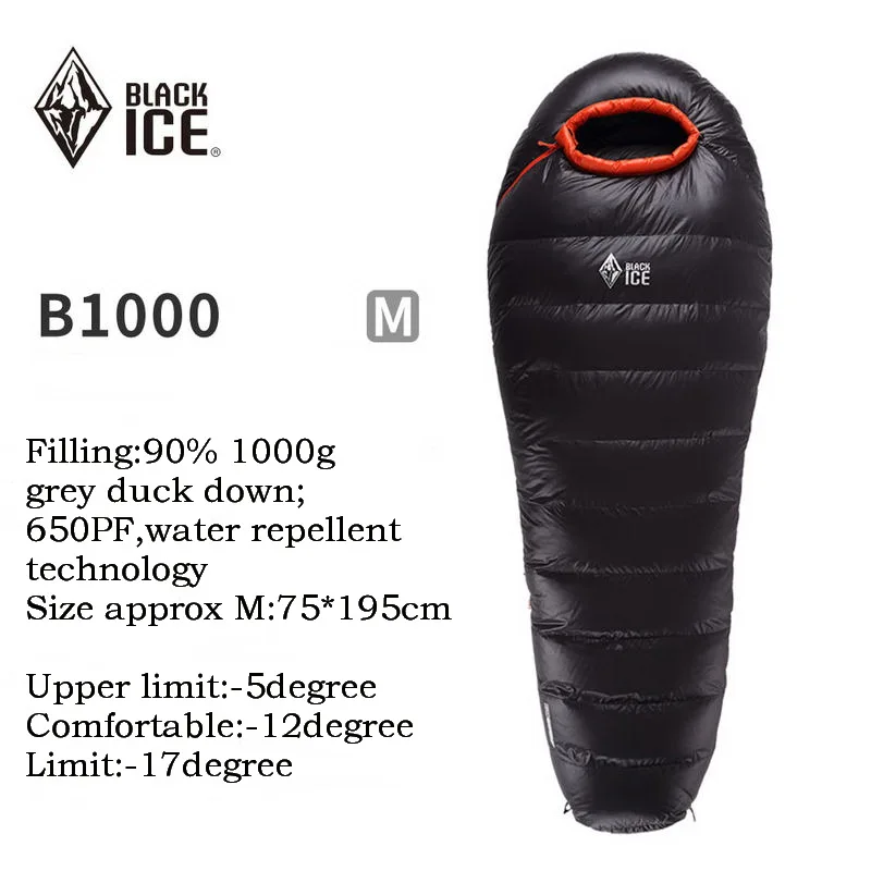 BLACKICE-25 градусов, 90% утиный пух, спальный мешок для мам, слитные одиночные спальные мешки для кемпинга, походов, зимних холодов B700 B1000 B1500 - Цвет: B1000 M black