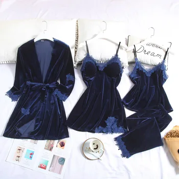 

Ladies fall nightgown velvety four-piece suit in the long style nightgown sexy halter suit with chest cushion home clothing