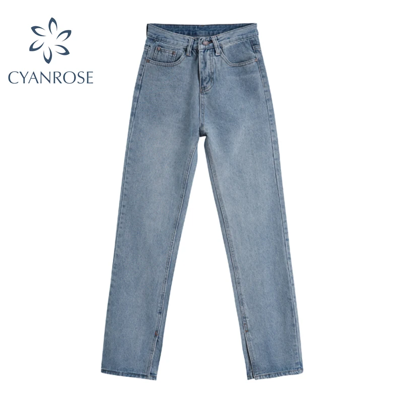 Primavera de 2021 Pantalones vaqueros de cintura alta Mujer Azul Chic lápiz pantalones vaqueros bajo dividir holgado Retro relajarse calle recto de sobre carga Pantalones