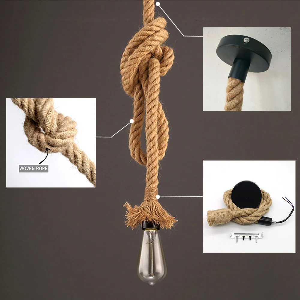 Hemp Rope Pendant Lights Vintage Retro Hanging Lamp E27 AC 85-265V Industrial Decor Home Restaurant Pendant Lamp Edison Hanglamp 2