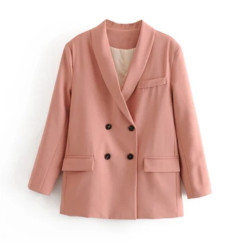 

Stylish Elegant Pink Women Blazer Jacket Fashion Pocket Double Breasted Work Wear Tops Outerwear Female Suit Jacket