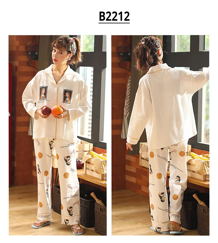 Пижама женская домашняя одежда пижамные комплекты Свободный Повседневный хлопковый домашний костюм кардиган с лацканами с длинными брюками одежда для сна - Цвет: B2212