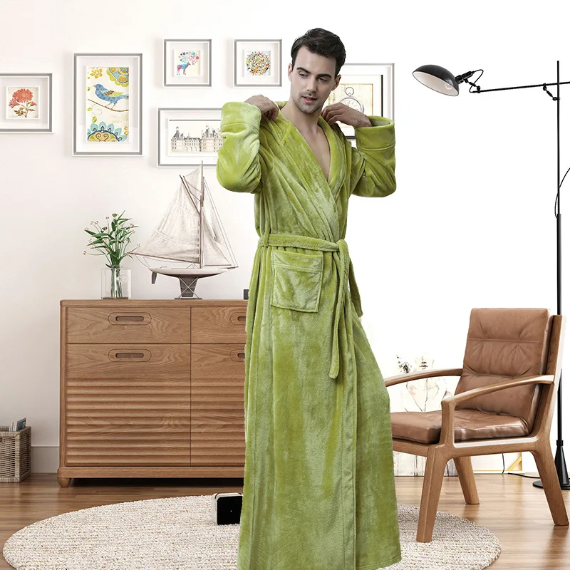 Women Winter Hooded Extra Long Thick Flannel Bath Robe Luxury Peignoir Warm Dressing Gown Men Bathrobe Bridesmaid Wedding Robes - Цвет: Men Fruit green
