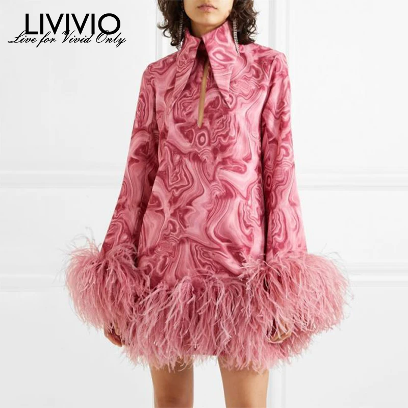 

[LIVIVIO] Print Long Sleeve Patchwork Feathers Hem Women's Dress Ladies Mini Dresses 2019 Autumn Fashion Clothing New
