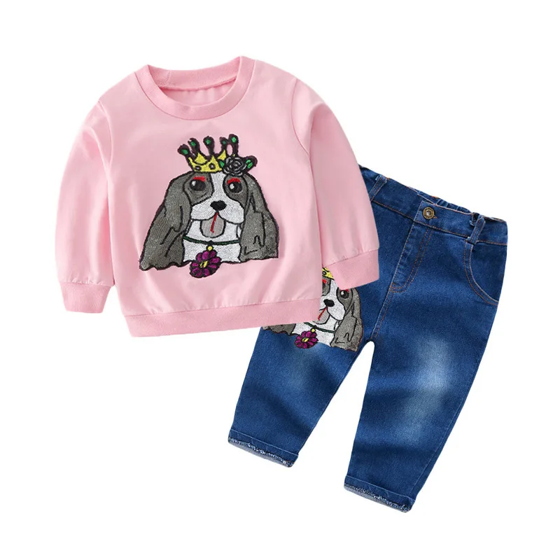 

Childrenswear Spring Girls Pink Cartoon Sweater Washing Jeans Two-Piece Set GIRL'S of Clothes a-Piece