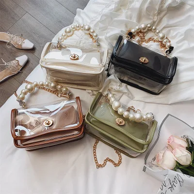 

Transparent Jelly bag 2019 Fashion New High Quality PVC Women's Designer Handbag Pearl Tote bag Chain Shoulder Messenger bags