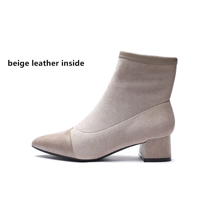 beige leather Женские ботинки; полусапожки из флока с острым носком на квадратном каблуке; женские зимние ботинки; коллекция года; женские черно-бежевые Ботинки Martin без застежки - Цвет: beige leather