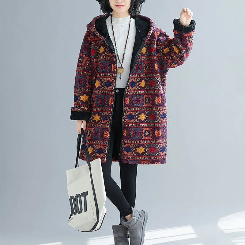Осень-зима, длинная куртка с мишкой Тедди, пальто для женщин, Ретро стиль, камуфляж, этнический принт, больше размера, искусственная овечья шерсть, шубы размера плюс - Цвет: Красный