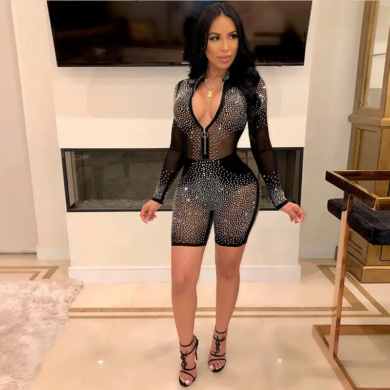 

Diamonds Patchwork Sheer Mesh Jumpsuit Women Sexy Zipper V Neck Long Sleeve Shorts Romper See Through Party Playsuit