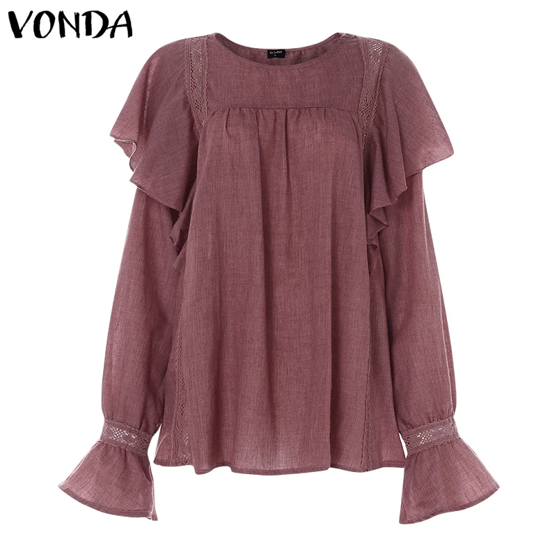  VONDA Bell Sleeve Cotton Tops Sexy O-Neck White Blouses Ladies Casual Loose Shirts White Cotton Tun