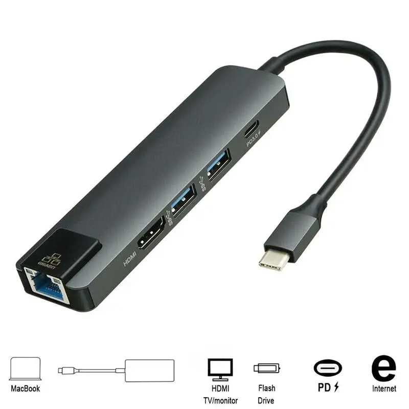 

5 in 1 USB Type C Hub Hdmi 4K USB C Hub to Gigabit Ethernet Rj45 Lan Adapter for Mac book Pro Thunderbolt 3 USB-C Charger Port