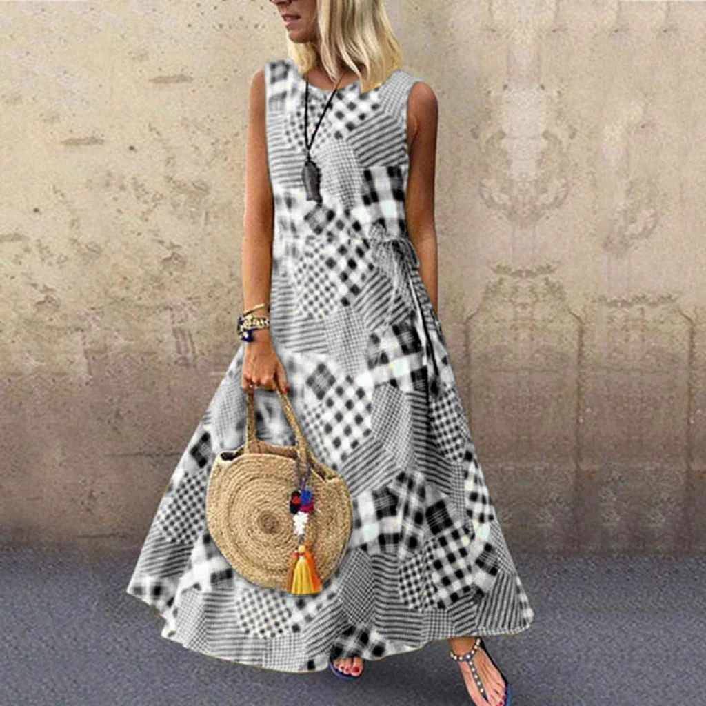Women Sexy Lace Dress Vintage Print Patchwork O-Neck Sleeveless Summer Plus Size Maxi Long Ladies Dresses Elegant Girls  723