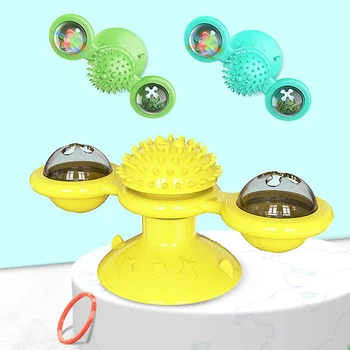 

1PC Windmill Cat Toy with LED Ball Suction Cup Portable Turntable Interaction Toy Scratch Hair Brush for Cats Kitty (Blue)