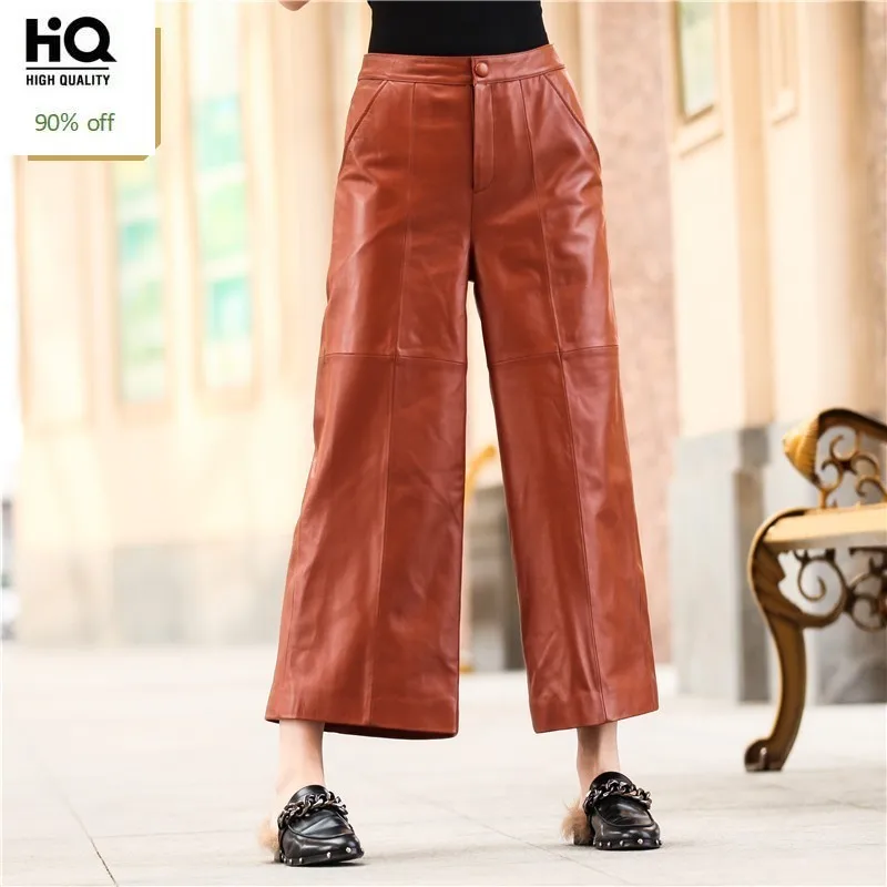 

2020 New Spring Women Brown Genuine Leather Pants High Quality Loose Fit Wide Pants Ladies Trousers Streetwear Fashion Female