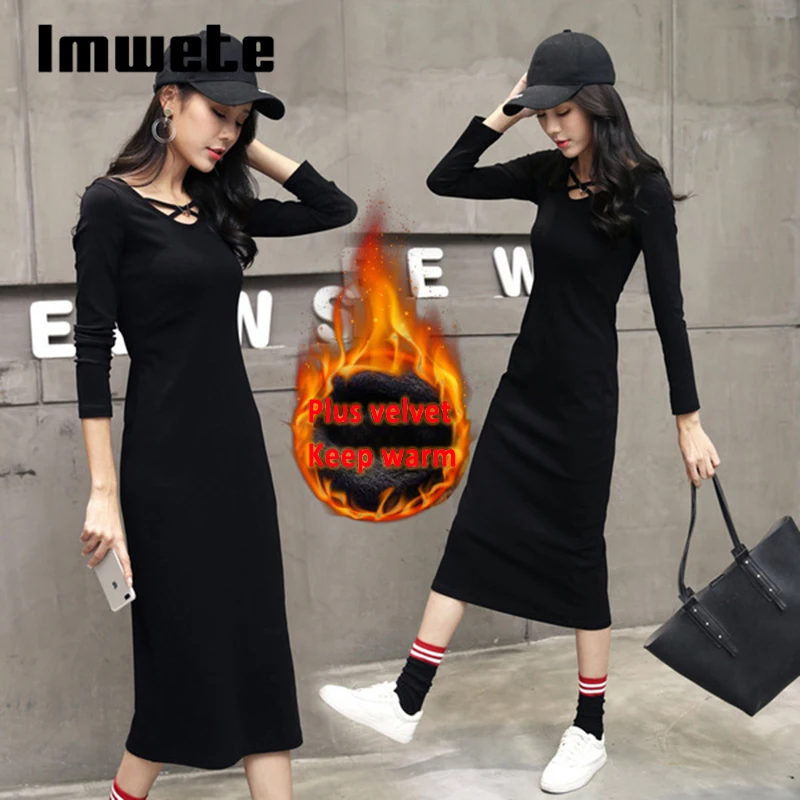 

Imwete Winter Plus velvet Silm Fit Women A-line DressVintage Retro Design Thicken Cloth Keep Warm Comfortable Female Dress